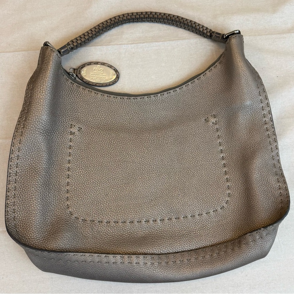 Fendi Pewter Selleria Textured Leather Hobo Women's Bag Metallic Silver